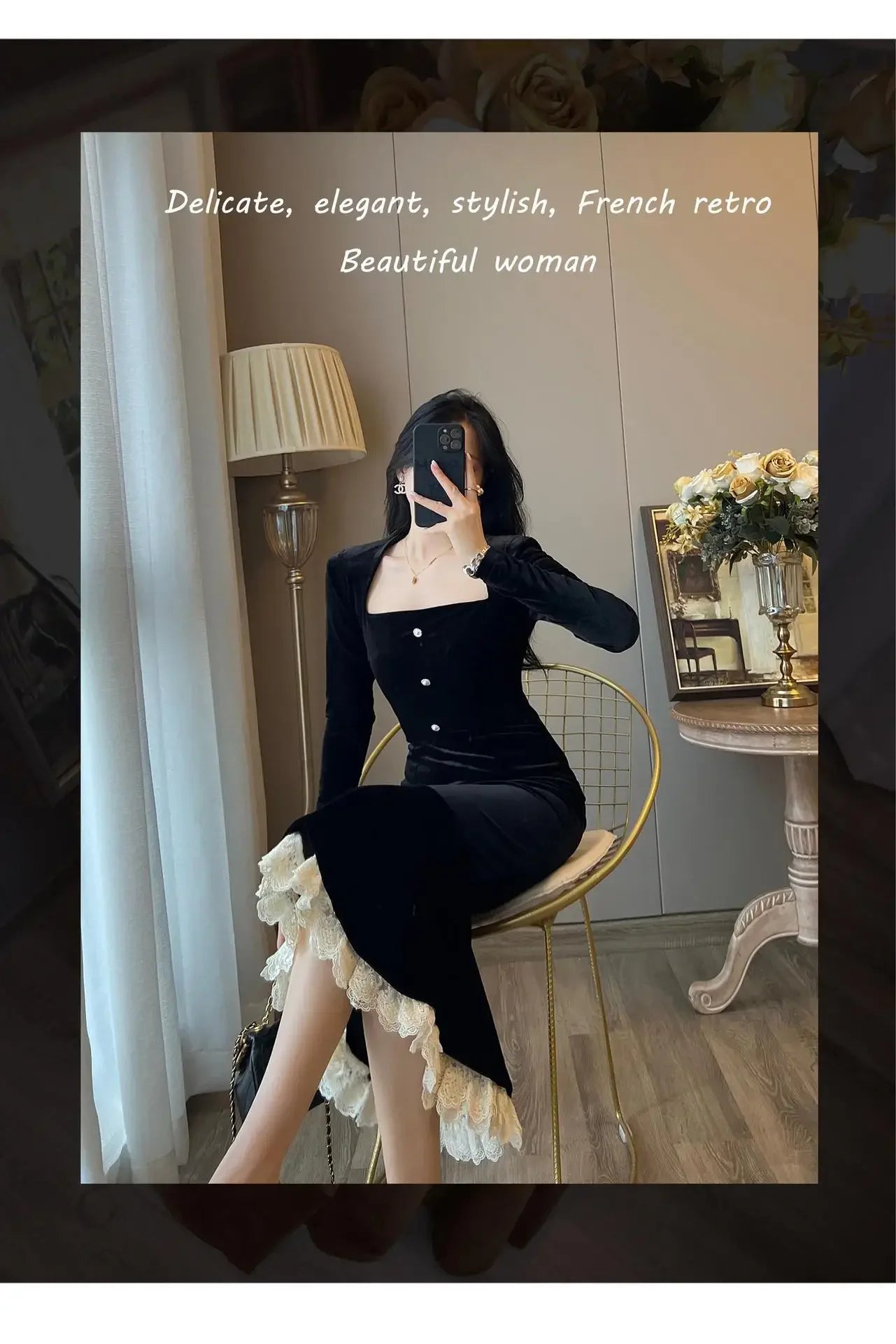 Elegant French Haban Style Fish Tail Skirt Spring Autumn Soft High Class Square Collar Long Sleeve Black Velvet Long Dress