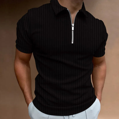 Men's Fashion Polo Shirts 2023 Summer Stripe Zipper Mens Polo Shirt Solid T-Shirt Brand Short-Sleeved Shirt Casual Slim Tops