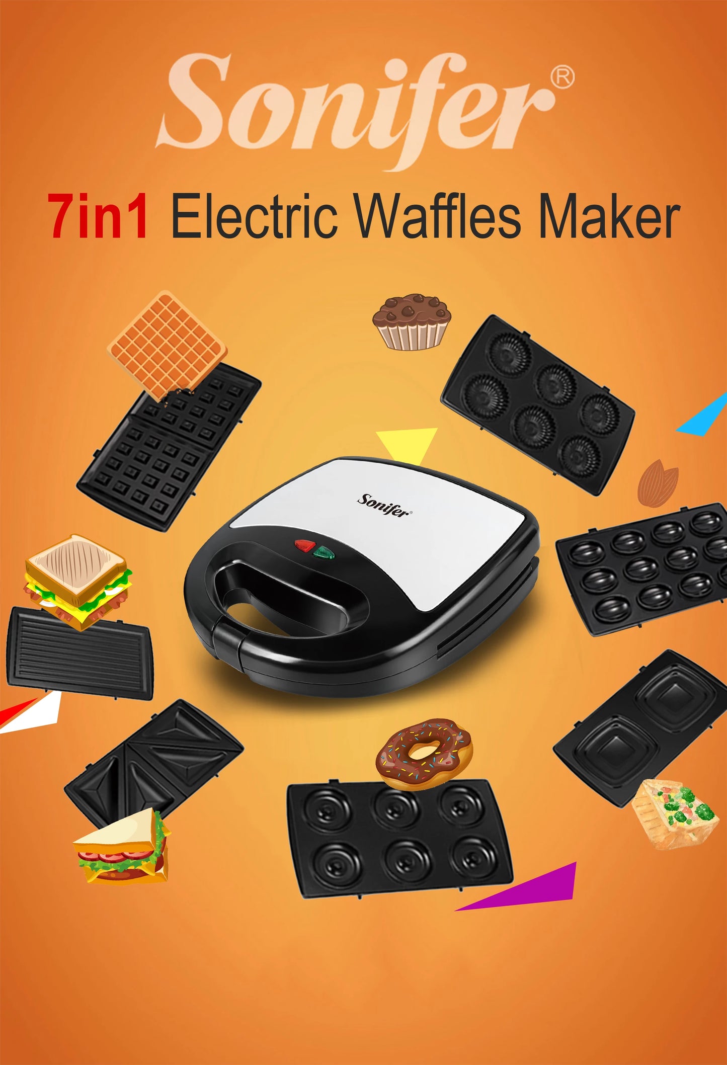 Electric Waffle Maker 7 In 1 Grill Sandwich Cake Donut Walnut Panini Plate Cooking Kitchen Appliances Toaster Breakfast Machine