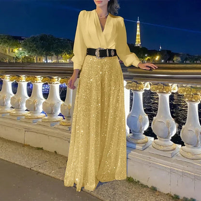 BWQ Splice Sequins Maxi Dresses For Women Fashion Folds Loose V Neck Elegant Dress Femme Party Evening Dresses Luxury 2024