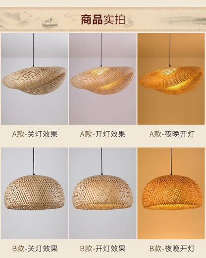 Bamboo Hand Weaving Pendant Lights 38cm Hanging LED Ceiling Lamp Chandelier Fixture Rattan Hand Craft Woven Home Bedroom Decor