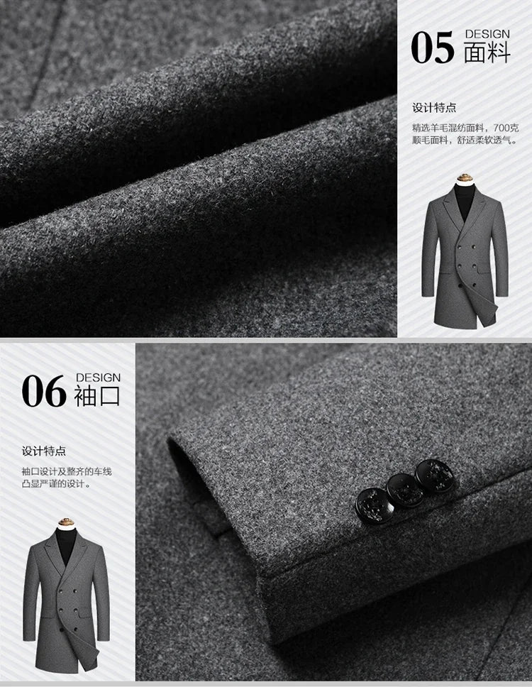 New autumn and winter high-quality wool black gray classic thick warm men's wool long windbreaker jacket 2025 coat men