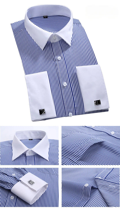 M~6XL Men's French Cuff Dress Shirt 2024New White Long Sleeve Formal Business Buttons Male Shirts Regular Fit Cufflinks Shirt