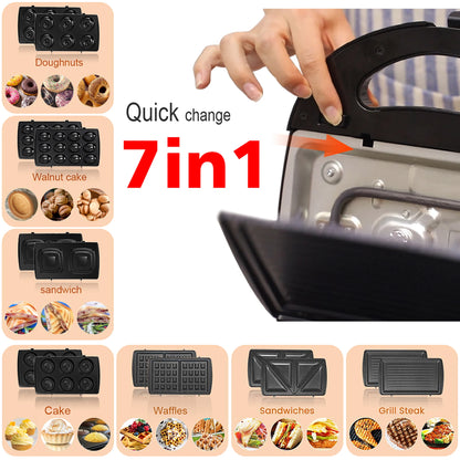 Electric Waffle Maker 7 In 1 Grill Sandwich Cake Donut Walnut Panini Plate Cooking Kitchen Appliances Toaster Breakfast Machine