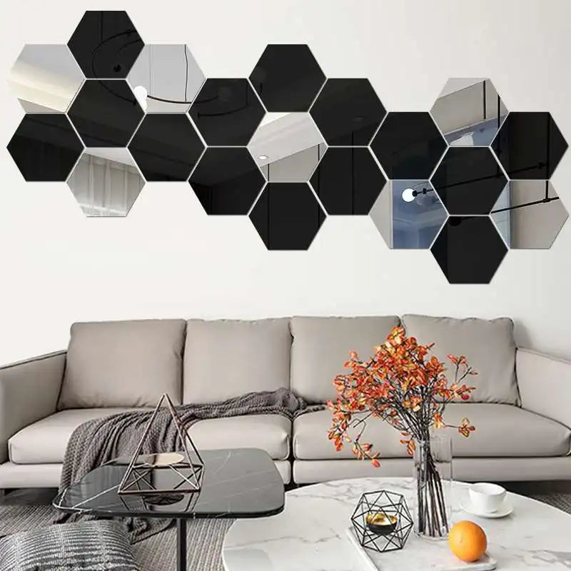 6/12pcs 3D Hexagon Mirror Wall Sticker Rose Gold DIY TV Background Living Room Stickers Wall Decor Bedroom Bathroom Home Decor