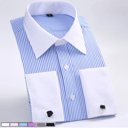 M~6XL Men's French Cuff Dress Shirt 2024New White Long Sleeve Formal Business Buttons Male Shirts Regular Fit Cufflinks Shirt