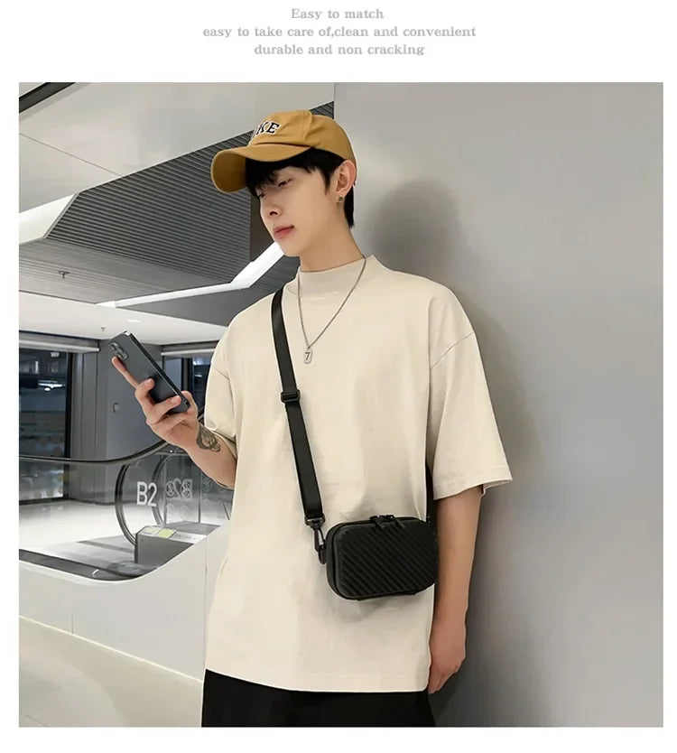 Simple Lightweight Box Bag Unisex Trendy Diagonal Striped Shoulder Bag Soft PU Leather pressed shell Men's Messenger Bag