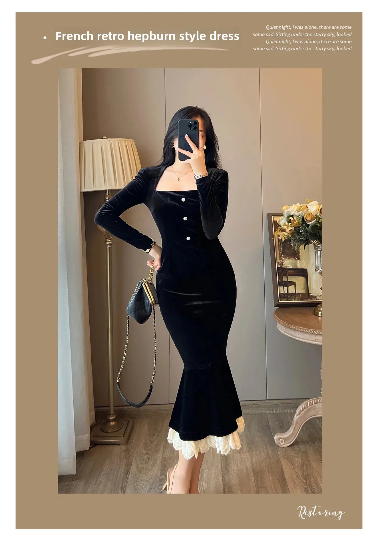 Elegant French Haban Style Fish Tail Skirt Spring Autumn Soft High Class Square Collar Long Sleeve Black Velvet Long Dress