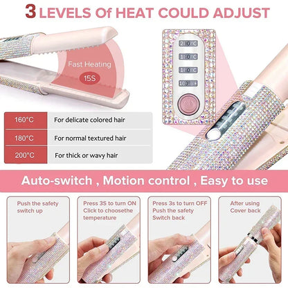 2-IN-1 Electric Hair Straightener Curler Fashion Colored Diamond  Design Cordless Travel Home Hair Straightening Styler Brush