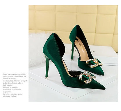 Fashion Women High Heel Rhinestone Buckle Bow Green Pink Pointed Toe Party Pumps Velvet Luxury Elegant Wedding Evening Shoes