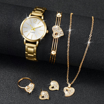 6PCS/Set Women's Watch Fashion Stainless Steel Band Analog Quartz Watches Heart Jewelry Set（Without Box）