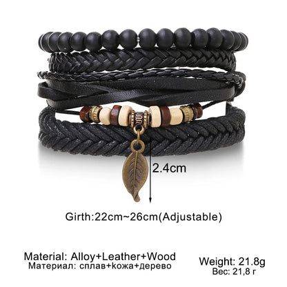 4Pcs/ Set Braided Wrap Leather Bracelets for Men Vintage Life Tree Rudder Charm Wood Beads Ethnic Tribal Wristband Rope Bracelet