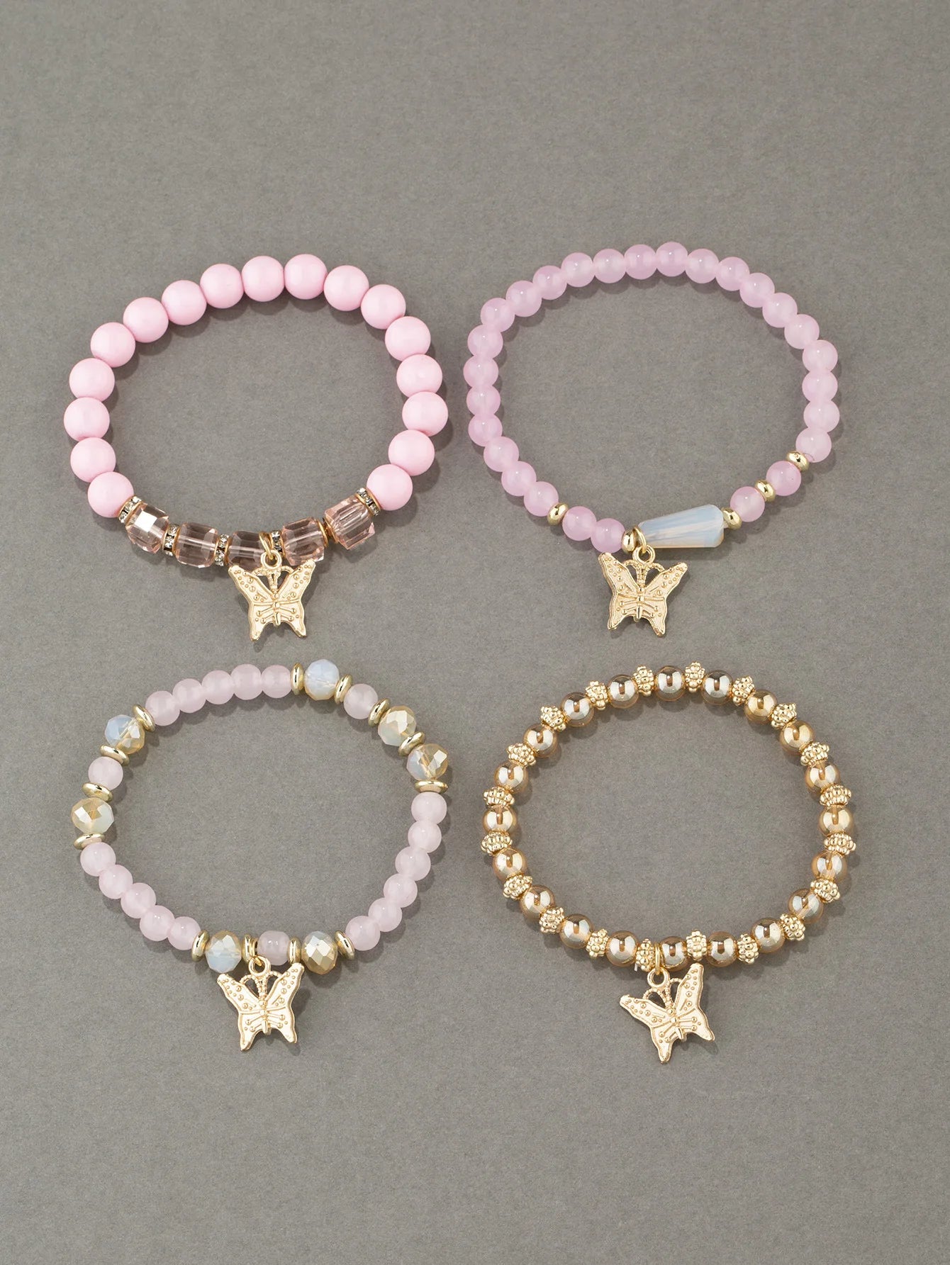 4Pcs Trendy Butterfly Beaded Bracelet Set For Women Pink Acrylic Beads Elastic Chain Bangle Female Bohemian Party Jewelry Gift