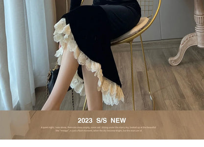 Elegant French Haban Style Fish Tail Skirt Spring Autumn Soft High Class Square Collar Long Sleeve Black Velvet Long Dress