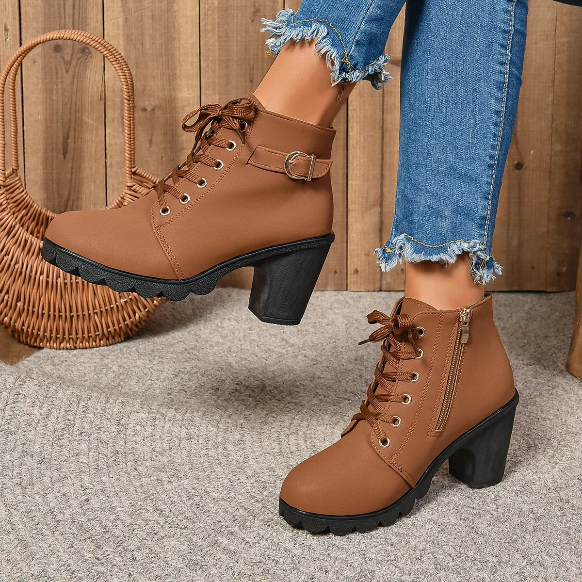 2024 Women Shoes Women Fashion High Heel Lace Up Ankle Boots Ladies Buckle Platform Artificial Leather Shoes Bota Feminina