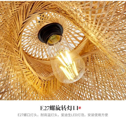 Bamboo Hand Weaving Pendant Lights 38cm Hanging LED Ceiling Lamp Chandelier Fixture Rattan Hand Craft Woven Home Bedroom Decor