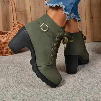 2024 Women Shoes Women Fashion High Heel Lace Up Ankle Boots Ladies Buckle Platform Artificial Leather Shoes Bota Feminina