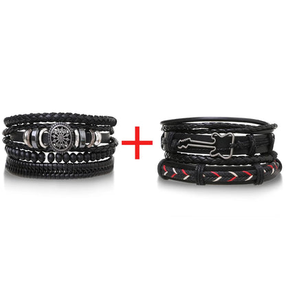 4Pcs/ Set Braided Wrap Leather Bracelets for Men Vintage Life Tree Rudder Charm Wood Beads Ethnic Tribal Wristband Rope Bracelet