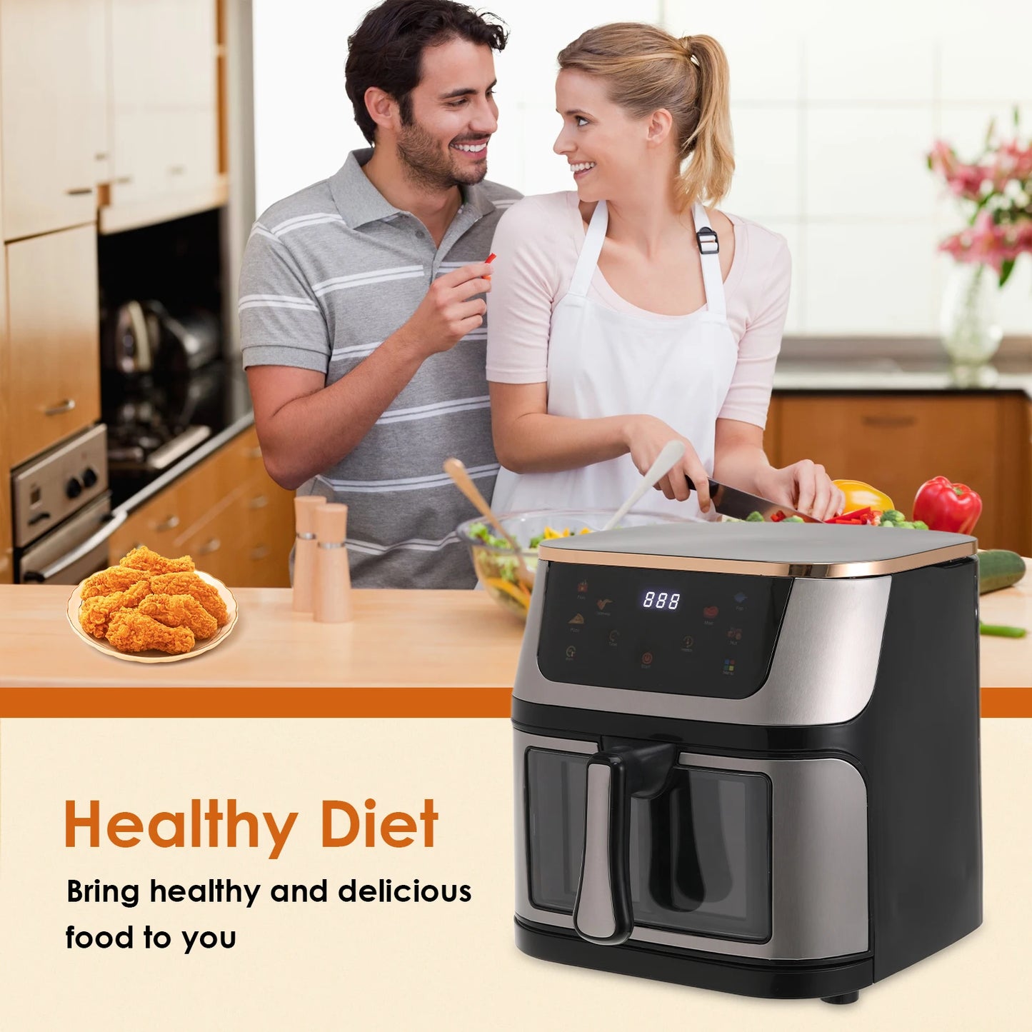 Air Fryer 12L Stainless Steel Visible Large Capacity Electric Oven Touch Screen Multifunctional Electric Fryer EU Plug