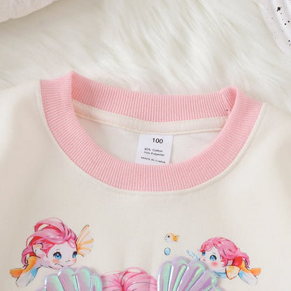 2024Girls' New Spring, Autumn and Winter Mermaid Little Girl Three-Dimensional Pattern Pullover Comfortable Bottoming Shirt