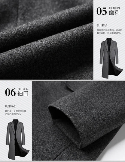 New autumn and winter high-quality wool black gray classic thick warm men's wool long windbreaker jacket 2025 coat men