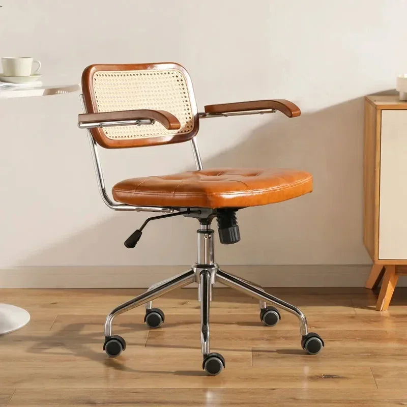 New Japanese Rattan Computer Chair Retro Rotating Chair Comfortable Study Desk Breathable Armrest Rattan Chair Office Furniture