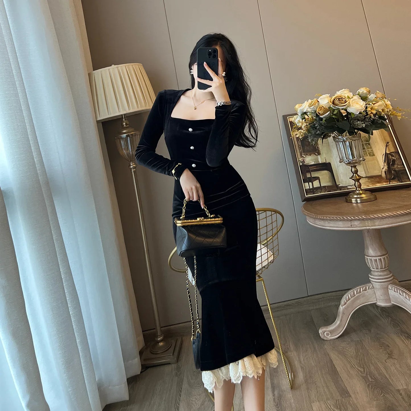 Elegant French Haban Style Fish Tail Skirt Spring Autumn Soft High Class Square Collar Long Sleeve Black Velvet Long Dress