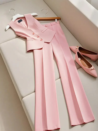 Fashion Sweet Sleeveless Slim Fit Vest Tops Women+ Y2k High Waist Straight Loose Wide Leg Pants 2025 New Pink Two Piece Sets