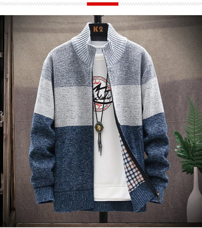 Autumn Winter Cardigan Sweater Men Fleece Zipper Sweaters Velvet Contrast Striped Sweater Coats Casual Jackets