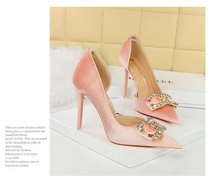 Fashion Women High Heel Rhinestone Buckle Bow Green Pink Pointed Toe Party Pumps Velvet Luxury Elegant Wedding Evening Shoes