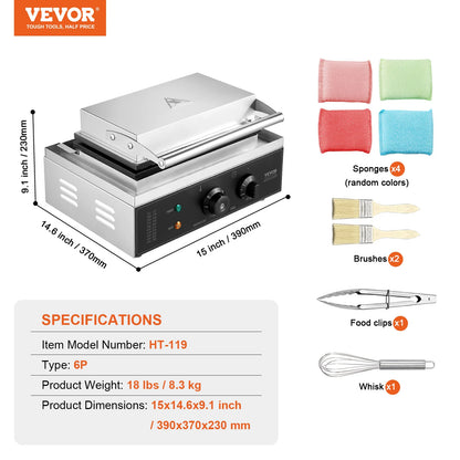 VEVOR Commercial Waffle Stick Maker 6PCS Waffle Baker Machine Non-Stick Stainless Steel Corn Hot Dog Waffle Iron for Restaurant