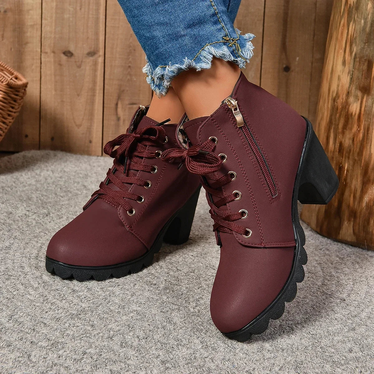 2024 Women Shoes Women Fashion High Heel Lace Up Ankle Boots Ladies Buckle Platform Artificial Leather Shoes Bota Feminina