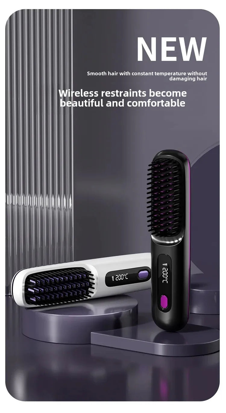 2024 New Cross-Border Liquid Crystal USB Charging Ceramic Heating Electric Comb Portable Negative Ion Straight Hair Comb