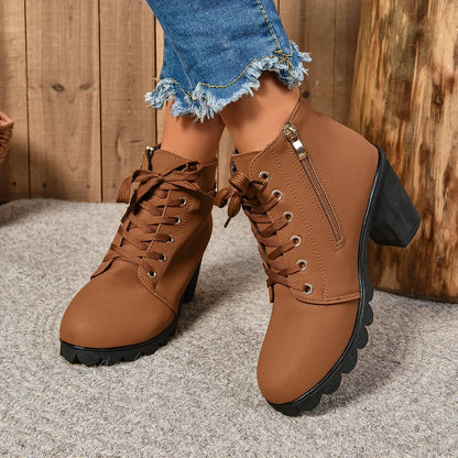 2024 Women Shoes Women Fashion High Heel Lace Up Ankle Boots Ladies Buckle Platform Artificial Leather Shoes Bota Feminina