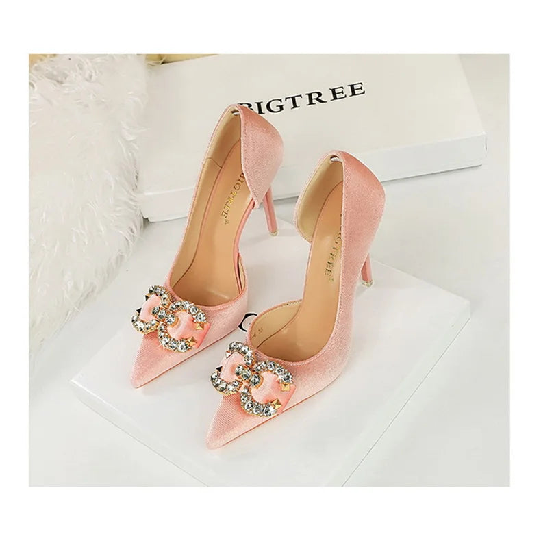 Fashion Women High Heel Rhinestone Buckle Bow Green Pink Pointed Toe Party Pumps Velvet Luxury Elegant Wedding Evening Shoes