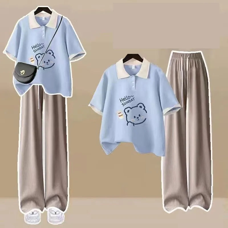 Women's Summer New Cartoon Loose Tracksuit Matching Set Korean Loose Bear Polo Short-sleeve T-shirt+Wide Leg Pant Two Piece Suit