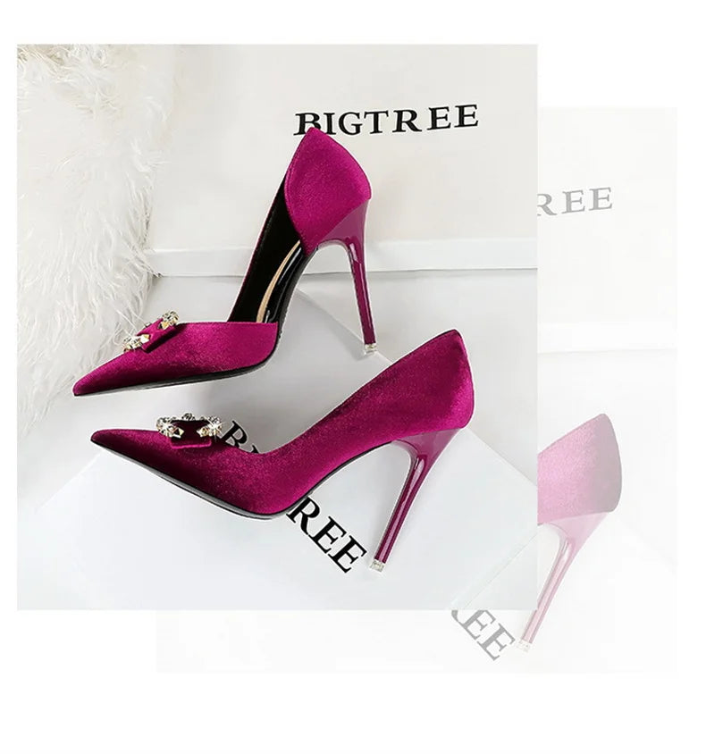 Fashion Women High Heel Rhinestone Buckle Bow Green Pink Pointed Toe Party Pumps Velvet Luxury Elegant Wedding Evening Shoes