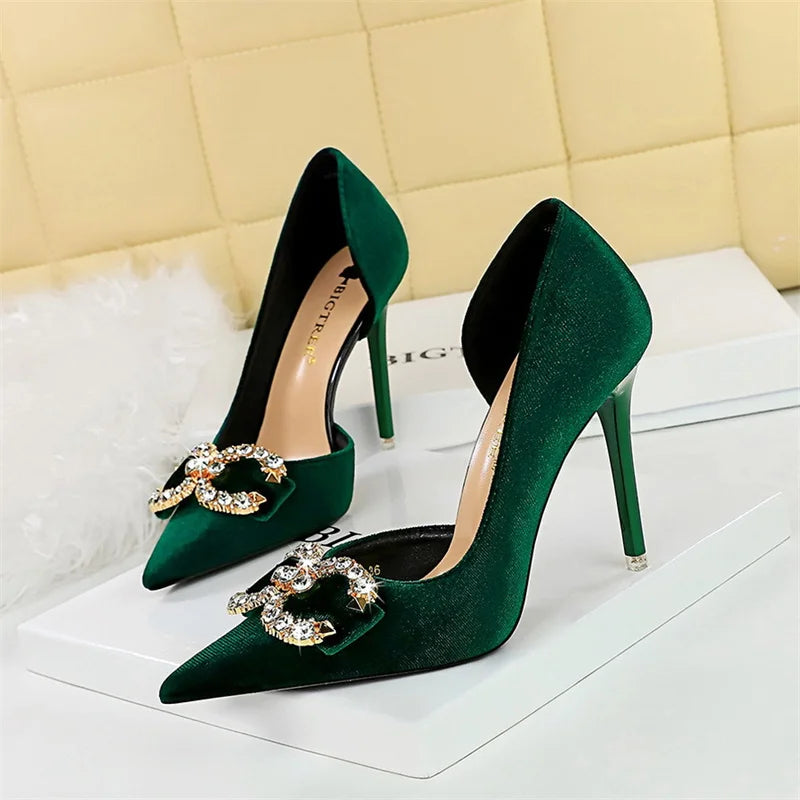 Fashion Women High Heel Rhinestone Buckle Bow Green Pink Pointed Toe Party Pumps Velvet Luxury Elegant Wedding Evening Shoes