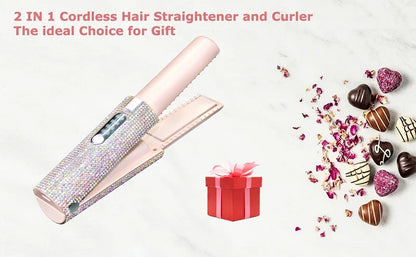 2-IN-1 Electric Hair Straightener Curler Fashion Colored Diamond  Design Cordless Travel Home Hair Straightening Styler Brush