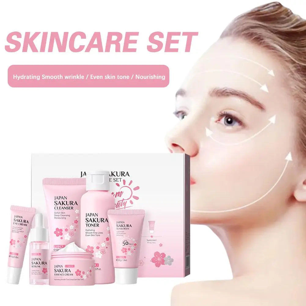 6pcs/Set Sakura Skin Care Sets Face Cream Serum Toner Facial Cleanser Sunscreen Eye Cream Face Skin Care Set Product Gift box