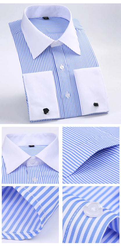 M~6XL Men's French Cuff Dress Shirt 2024New White Long Sleeve Formal Business Buttons Male Shirts Regular Fit Cufflinks Shirt