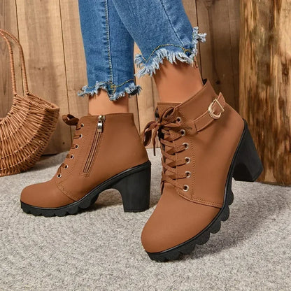 2024 Women Shoes Women Fashion High Heel Lace Up Ankle Boots Ladies Buckle Platform Artificial Leather Shoes Bota Feminina