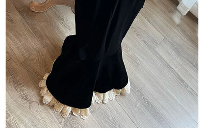 Elegant French Haban Style Fish Tail Skirt Spring Autumn Soft High Class Square Collar Long Sleeve Black Velvet Long Dress