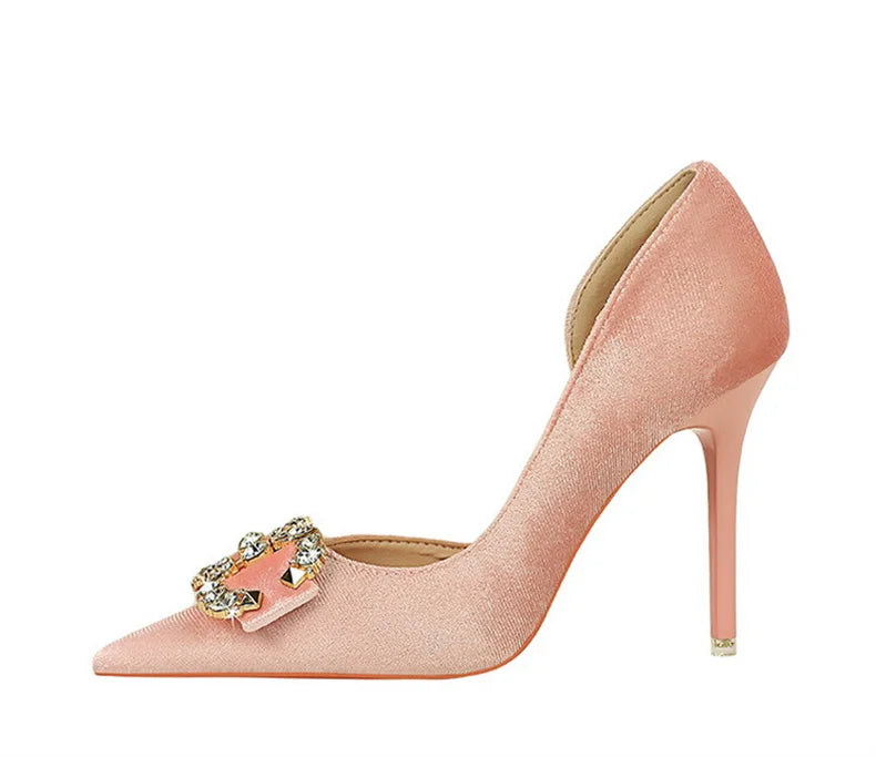 Fashion Women High Heel Rhinestone Buckle Bow Green Pink Pointed Toe Party Pumps Velvet Luxury Elegant Wedding Evening Shoes