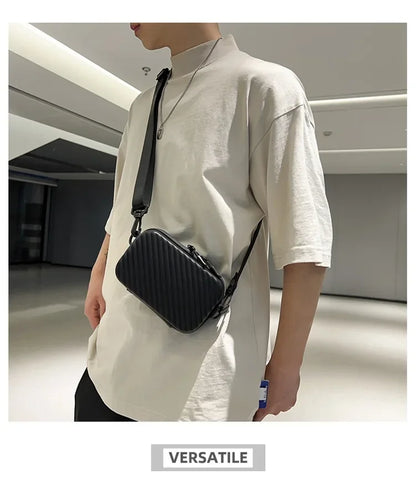 Simple Lightweight Box Bag Unisex Trendy Diagonal Striped Shoulder Bag Soft PU Leather pressed shell Men's Messenger Bag