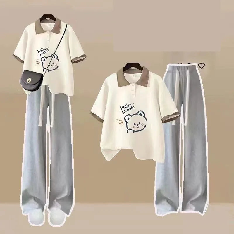 Women's Summer New Cartoon Loose Tracksuit Matching Set Korean Loose Bear Polo Short-sleeve T-shirt+Wide Leg Pant Two Piece Suit