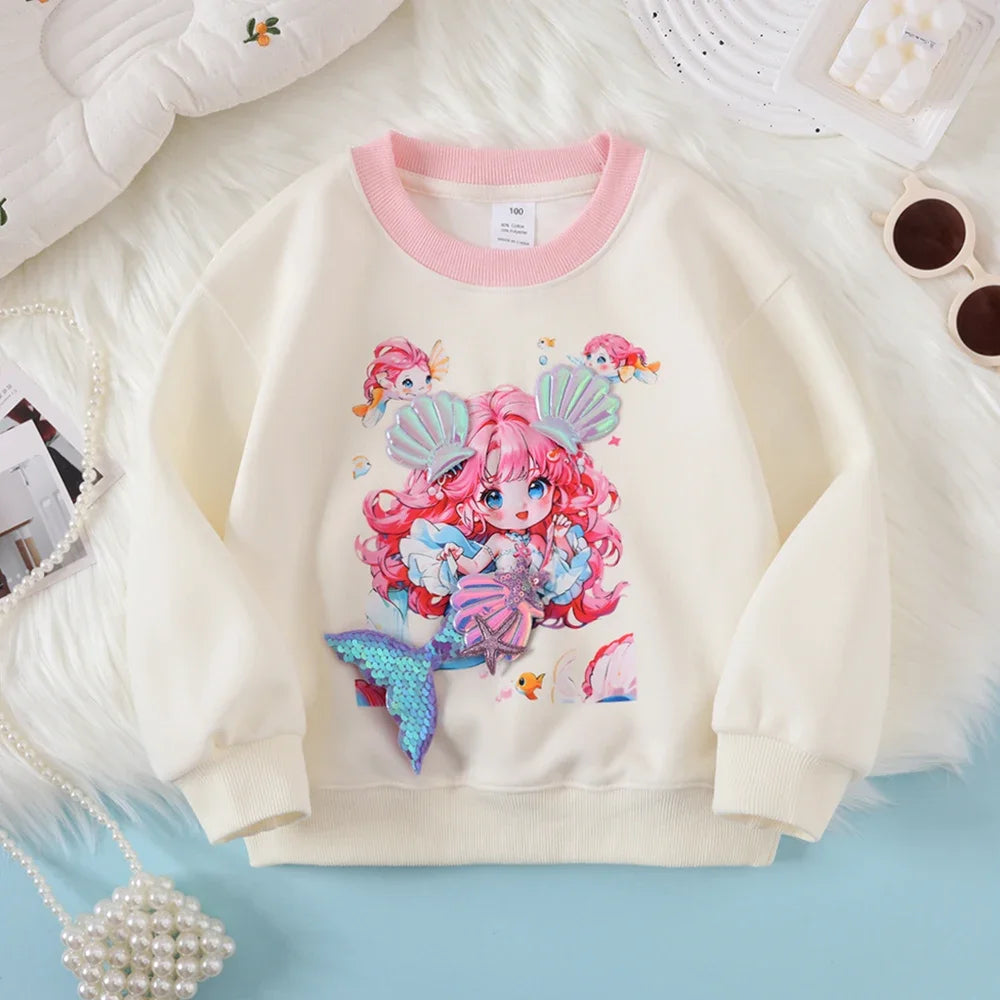 2024Girls' New Spring, Autumn and Winter Mermaid Little Girl Three-Dimensional Pattern Pullover Comfortable Bottoming Shirt