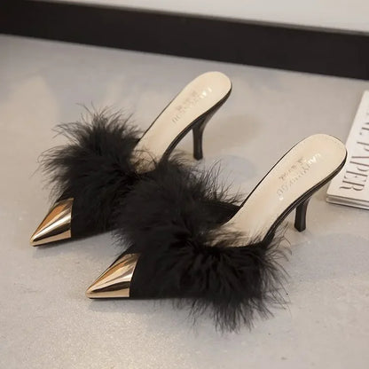 2023 Summer Women Pump Feather Heels Fashion Simple Wind Mule Slippers Women's Slide Stiletto Heels Shoes for Women  Heels