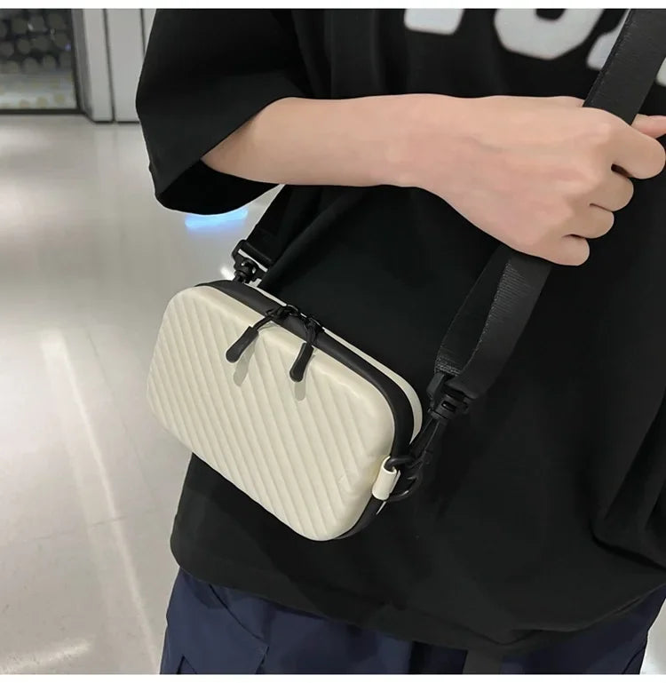 Simple Lightweight Box Bag Unisex Trendy Diagonal Striped Shoulder Bag Soft PU Leather pressed shell Men's Messenger Bag