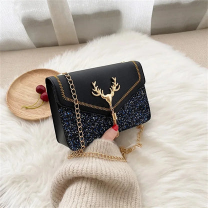 Fashion Women Shoulder Bag Deer Head Decoration Messenger Bags Pu Leather Button Underarm Luxury Chain Lady Small Square Handbag